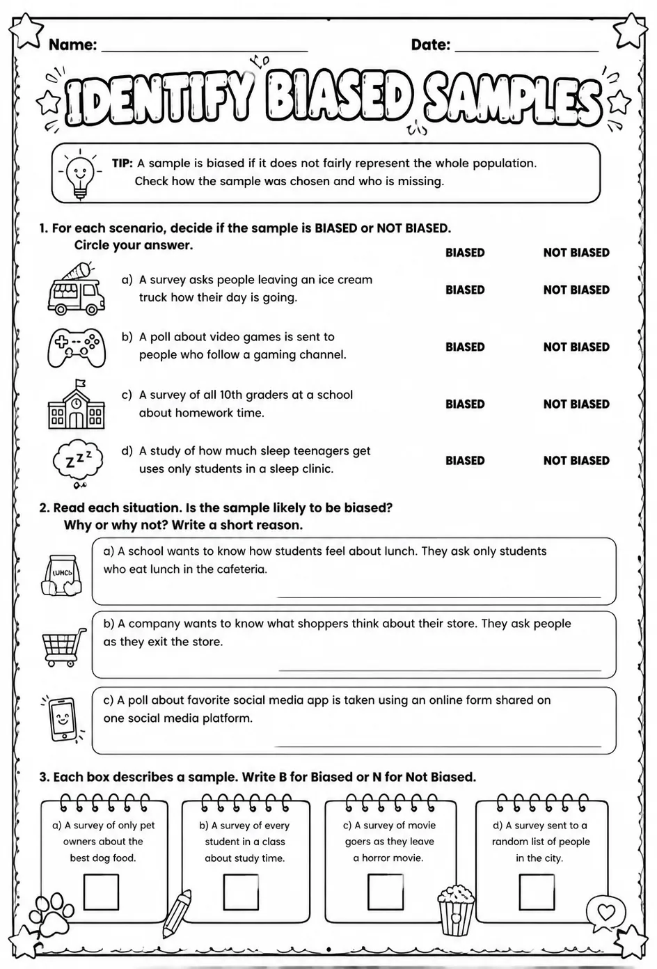 Identify biased samples — free printable Algebra 2 math worksheet