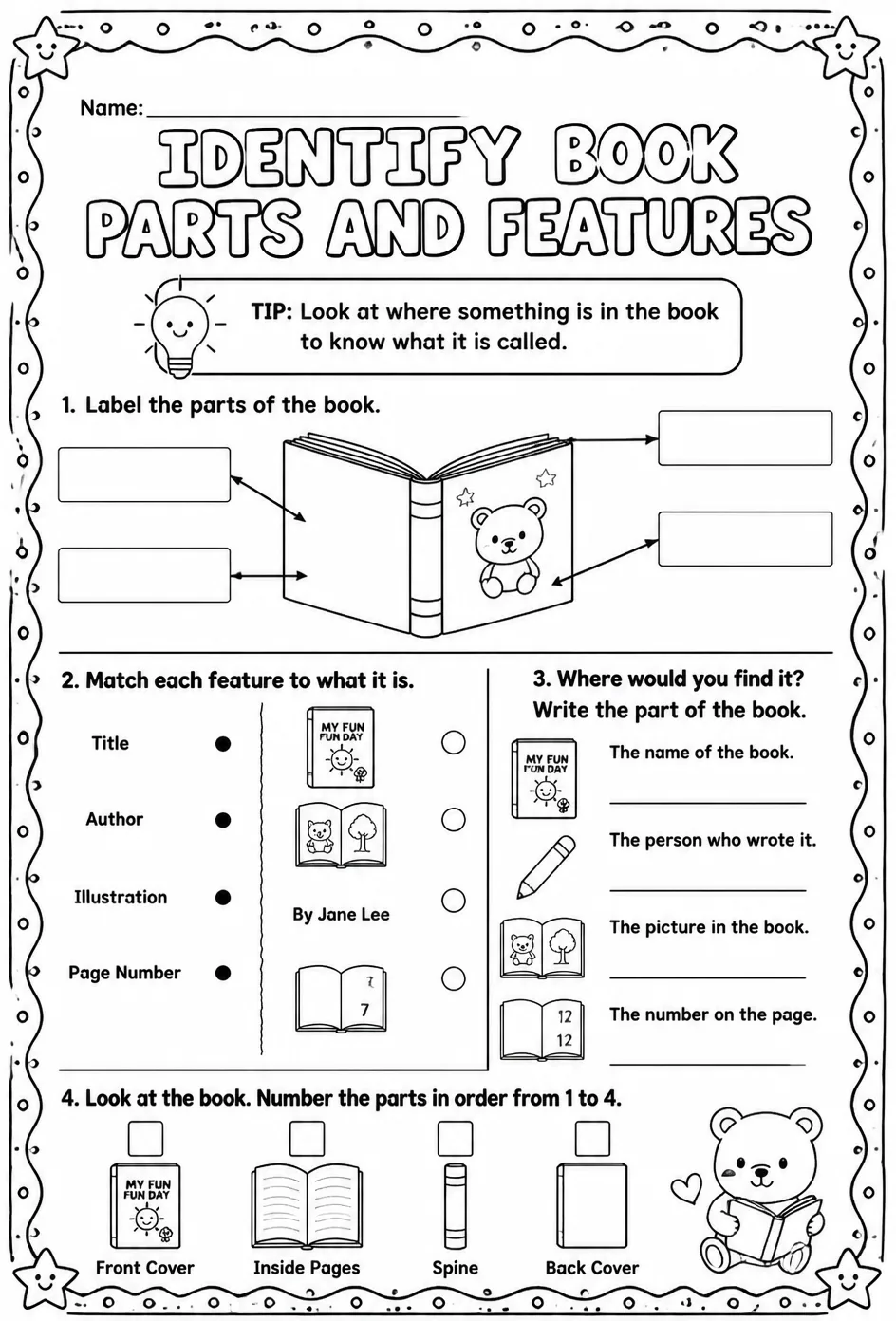 Identify book parts and features — free printable Kindergarten English & Reading worksheet
