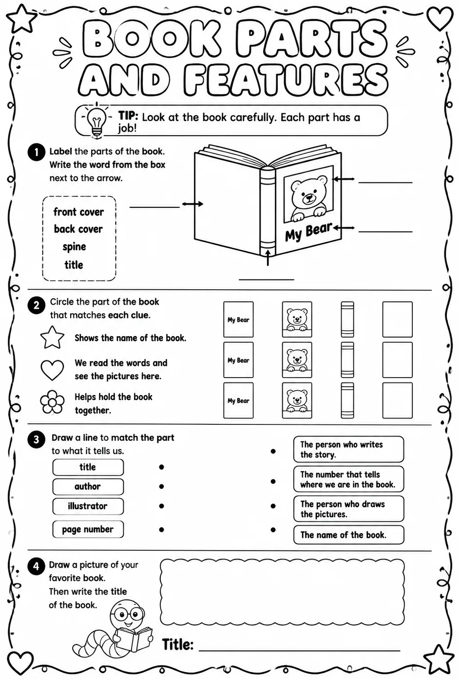 Identify book parts and features — free printable Pre-K English & Reading worksheet