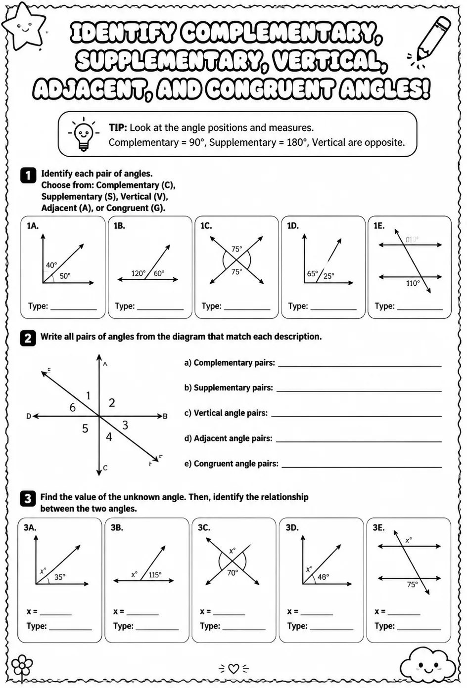 Identify complementary, supplementary, vertical, adjacent, and congruent angles — free printable Geometry math worksheet