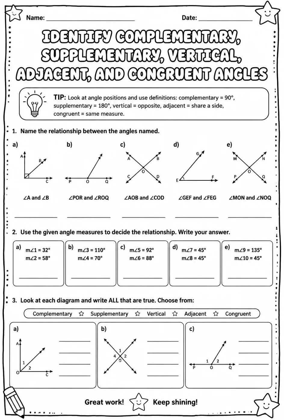 Identify complementary, supplementary, vertical, adjacent, and congruent angles — free printable Grade 6 math worksheet