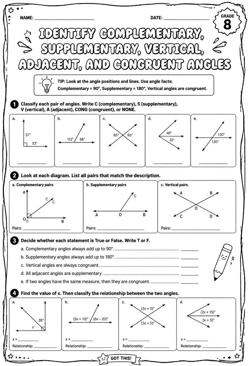 Identify complementary, supplementary, vertical, adjacent, and congruent angles — free printable Grade 8 math worksheet