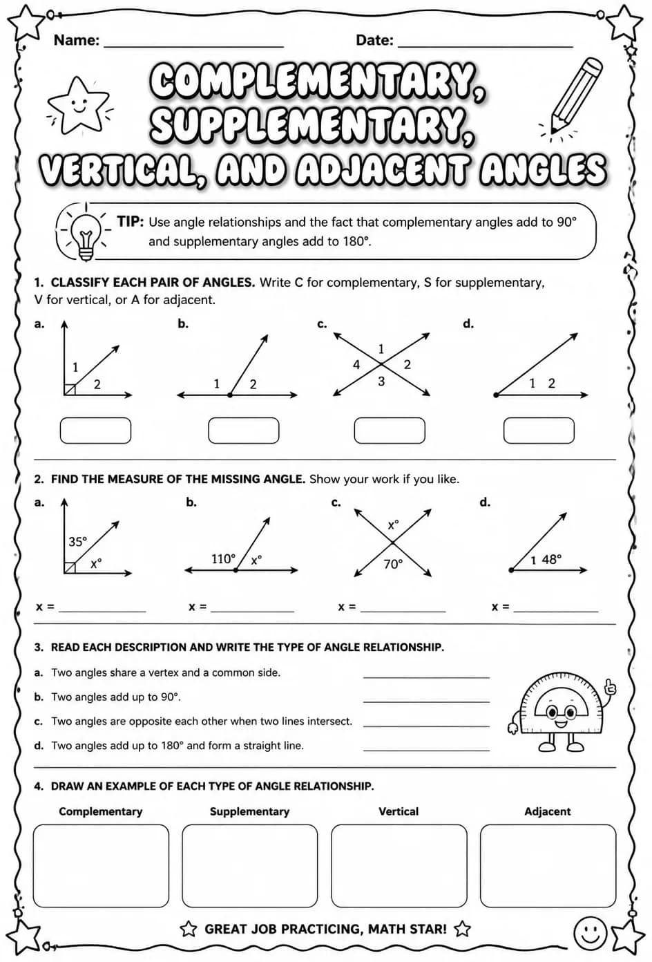 Identify complementary, supplementary, vertical, and adjacent angles — free printable Grade 7 math worksheet