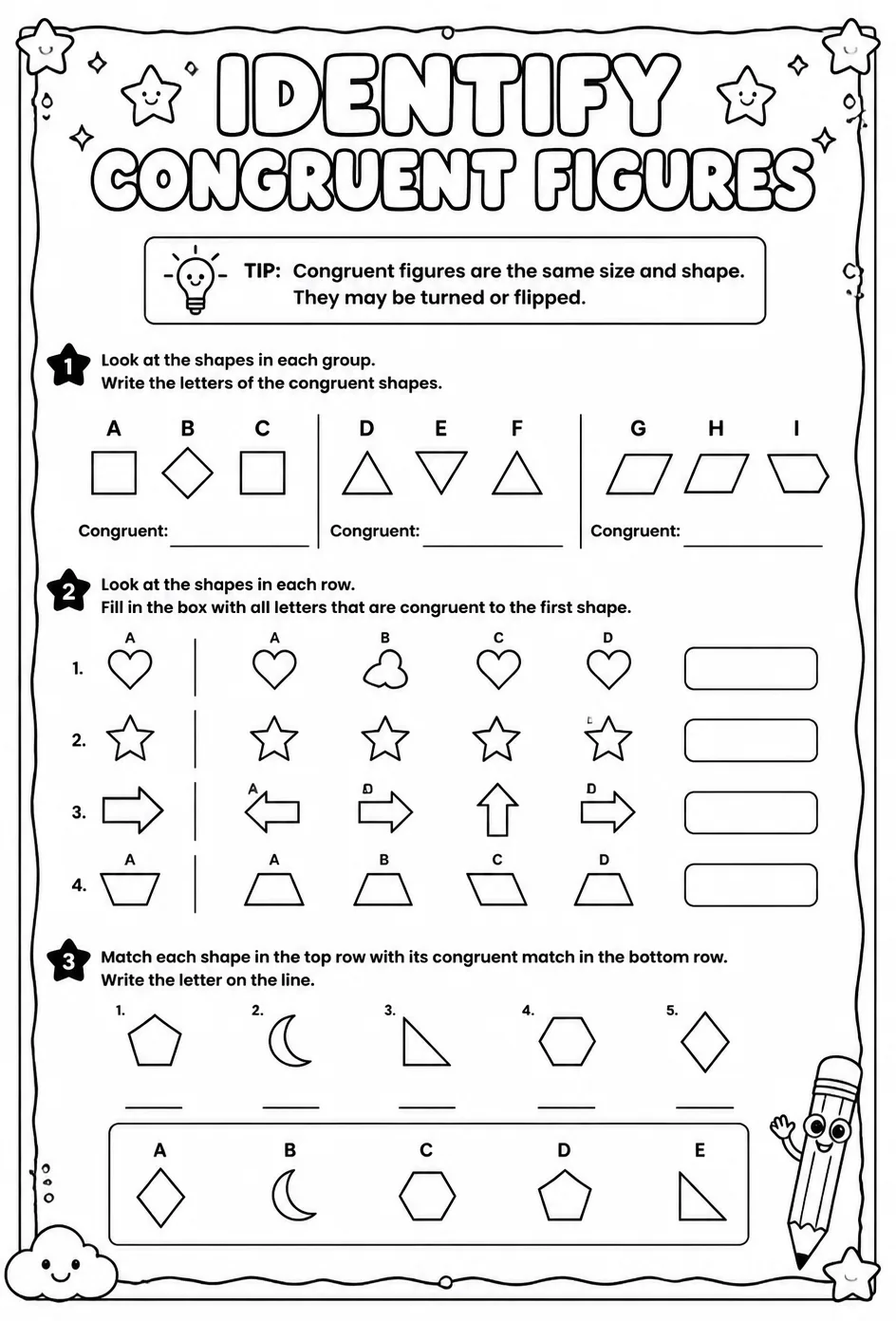 Identify congruent figures — free printable Geometry math worksheet