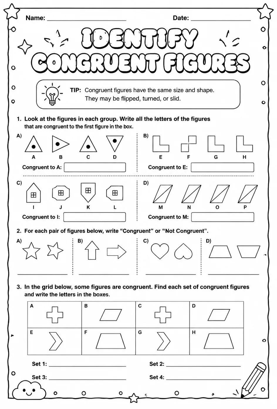 Identify congruent figures — free printable Grade 8 math worksheet