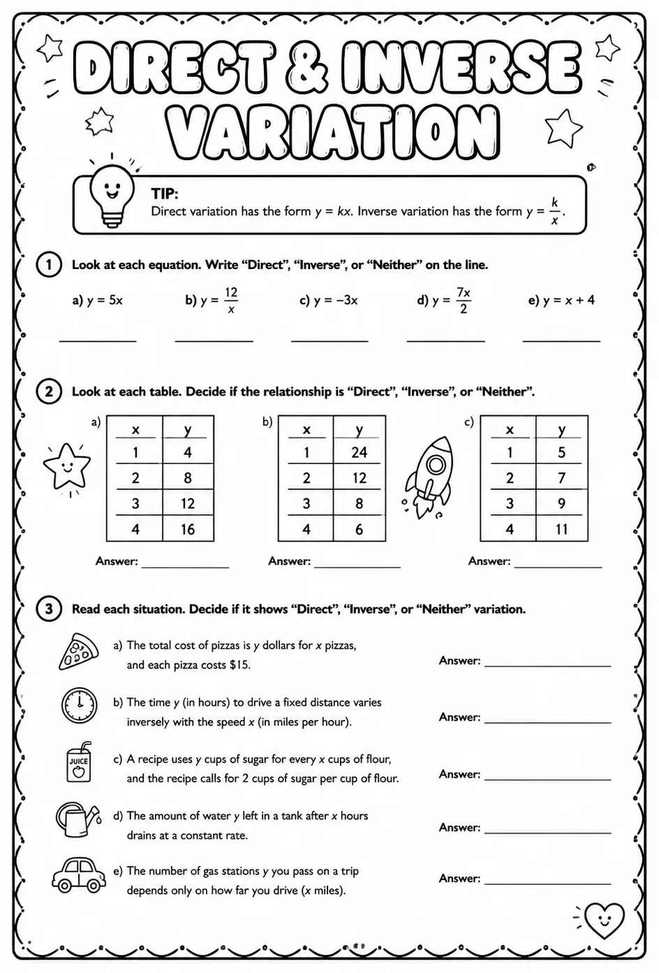Identify direct variation and inverse variation — free printable Algebra 1 math worksheet