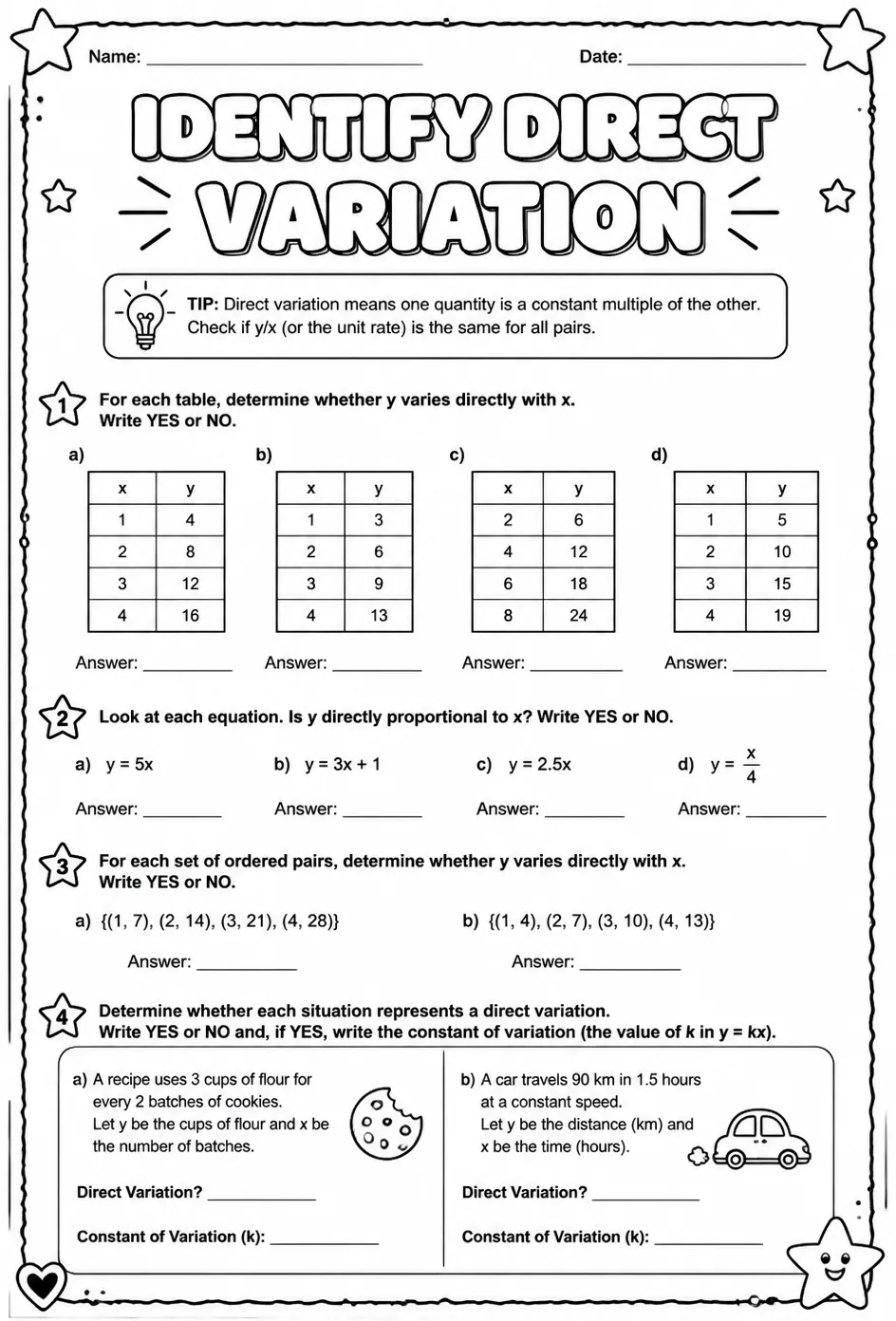 Identify direct variation — free printable Grade 8 math worksheet