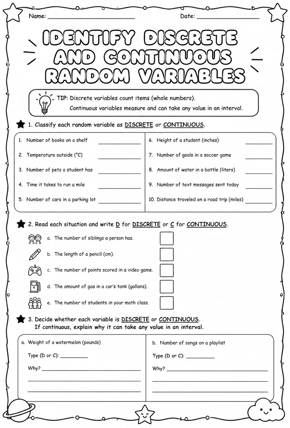 Identify discrete and continuous random variables — free printable Algebra 2 math worksheet