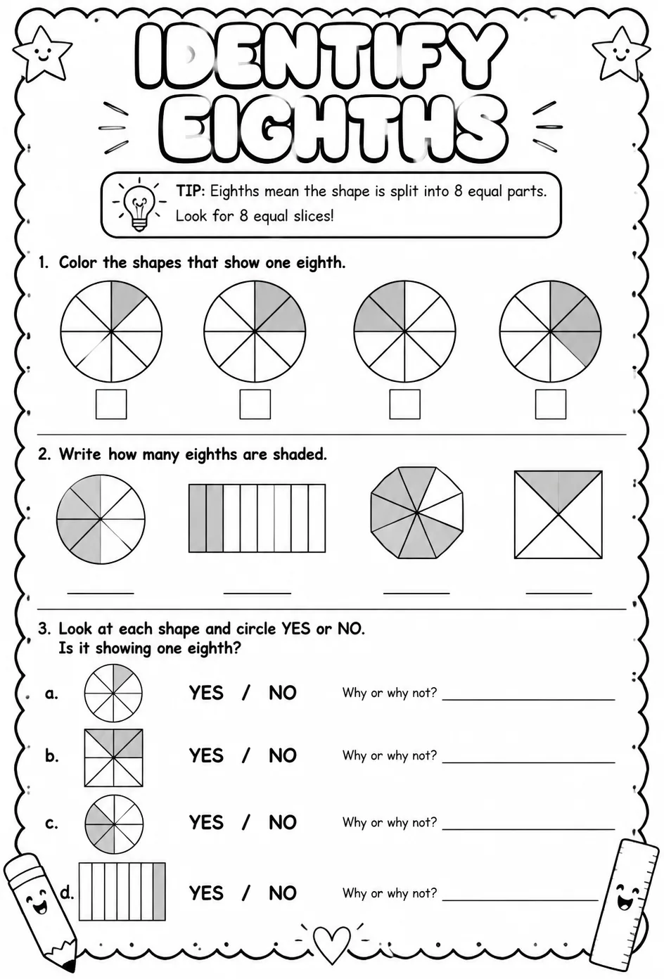 Identify eighths — free printable Grade 2 math worksheet