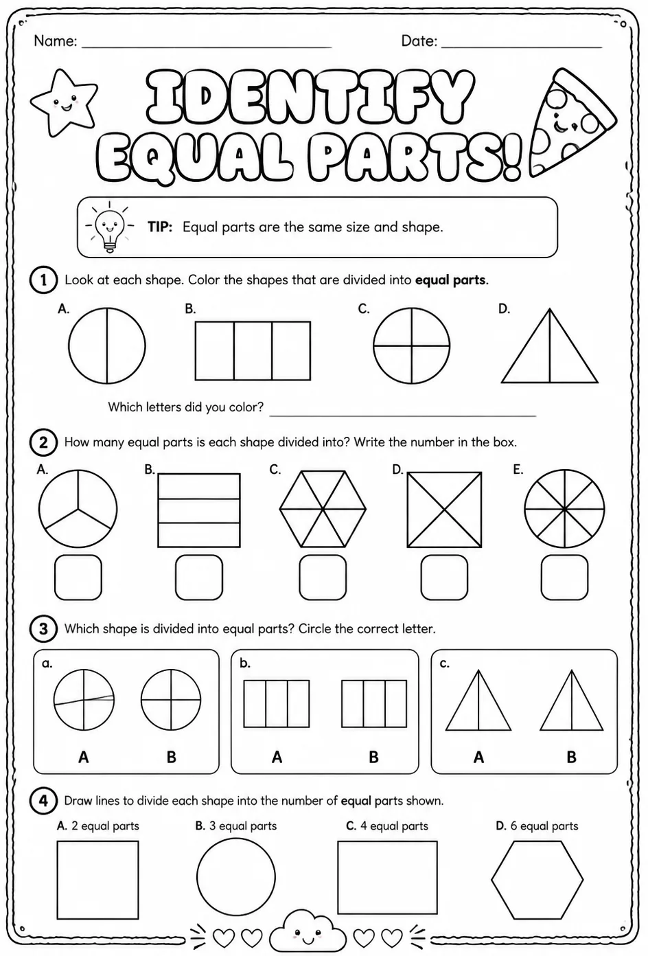 Identify equal parts — free printable Grade 3 math worksheet