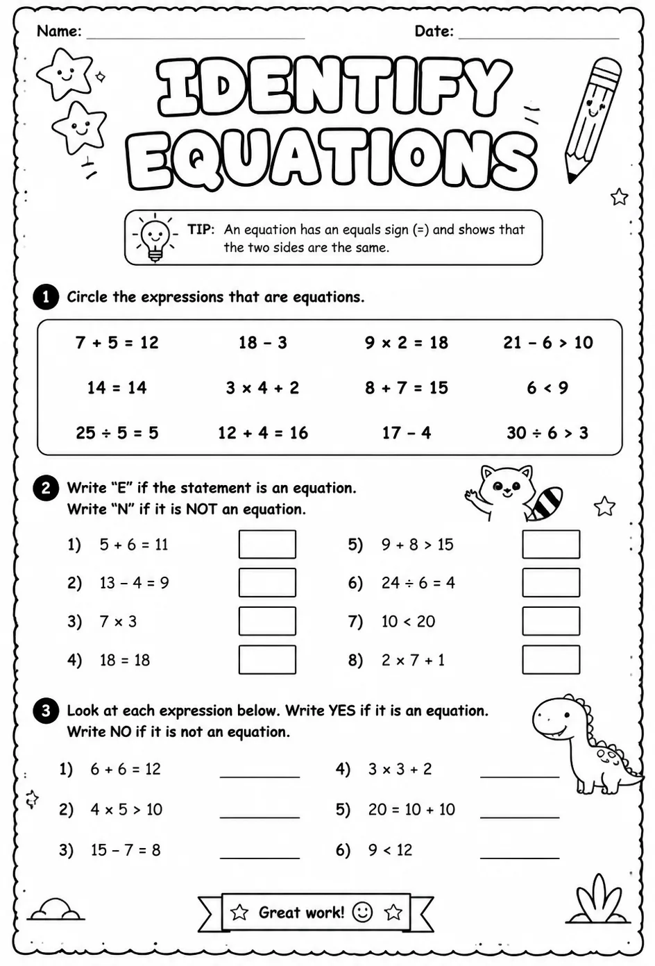 Identify equations — free printable Grade 3 math worksheet