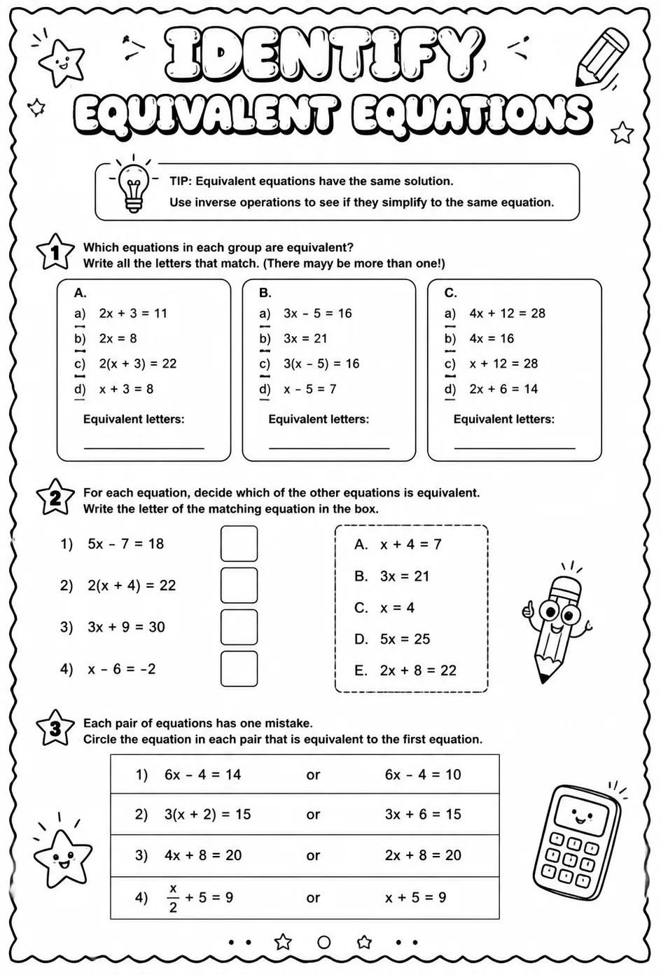Identify equivalent equations — free printable Algebra 1 math worksheet