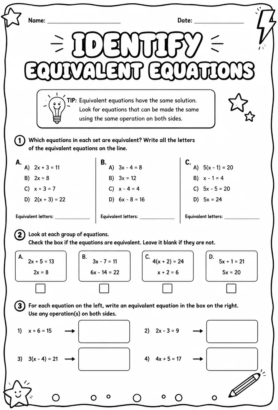 Identify equivalent equations — free printable Grade 8 math worksheet