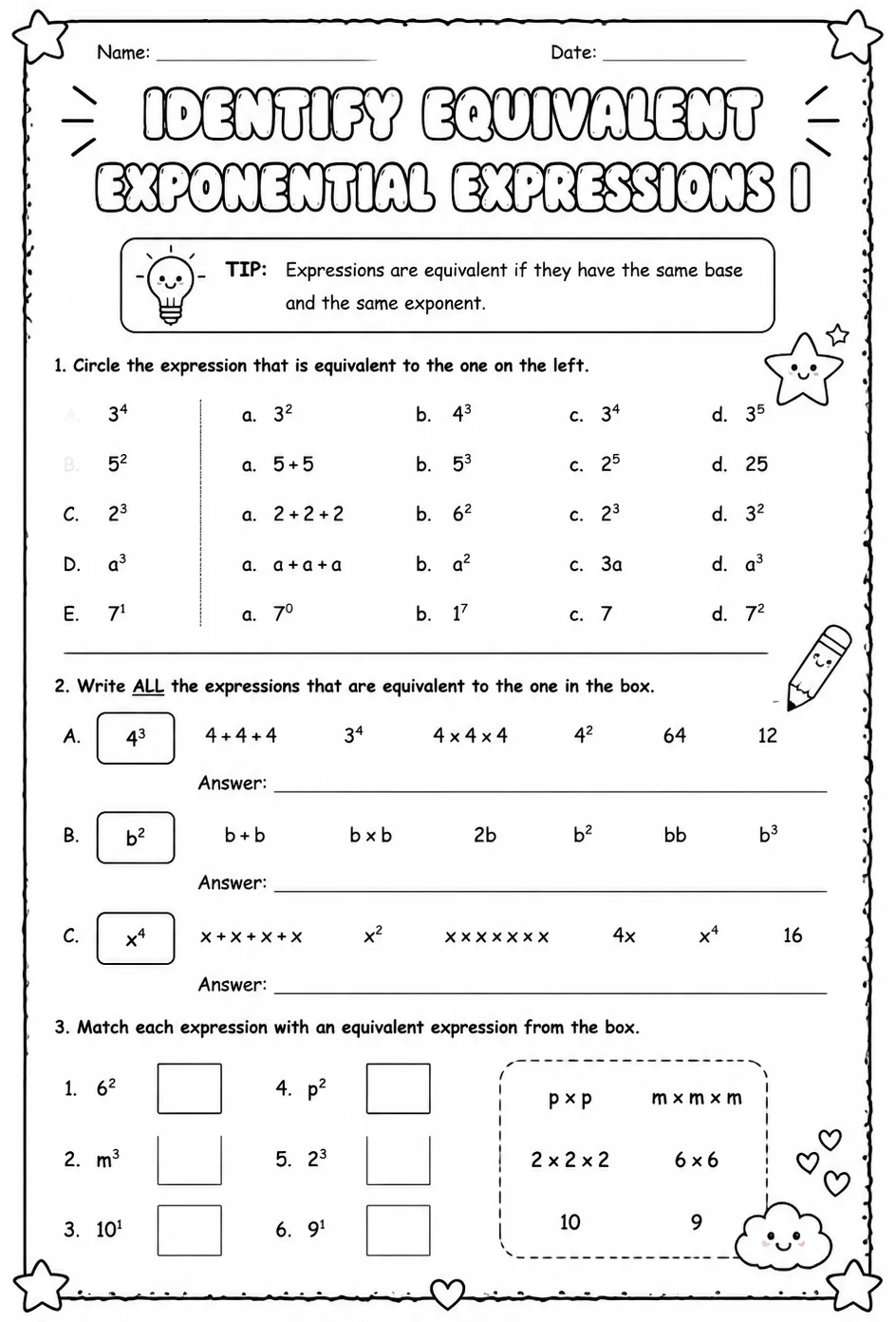 Identify equivalent exponential expressions I — free printable Algebra 1 math worksheet