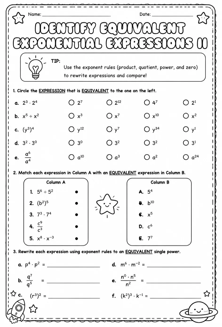 Identify equivalent exponential expressions II — free printable Algebra 1 math worksheet
