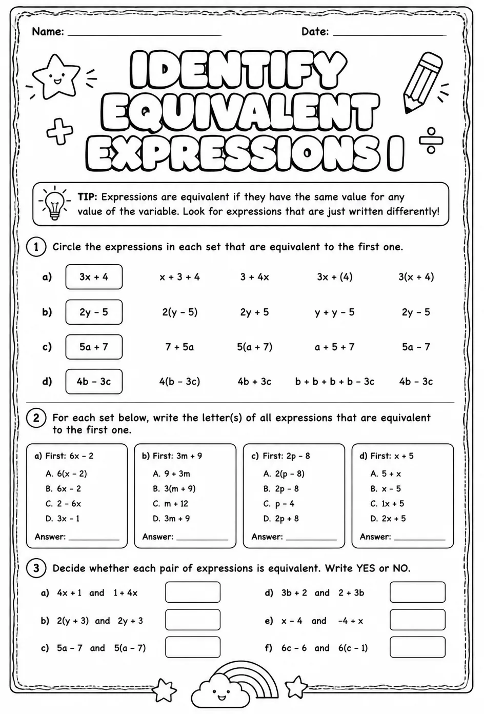 Identify equivalent expressions I — free printable Grade 6 math worksheet