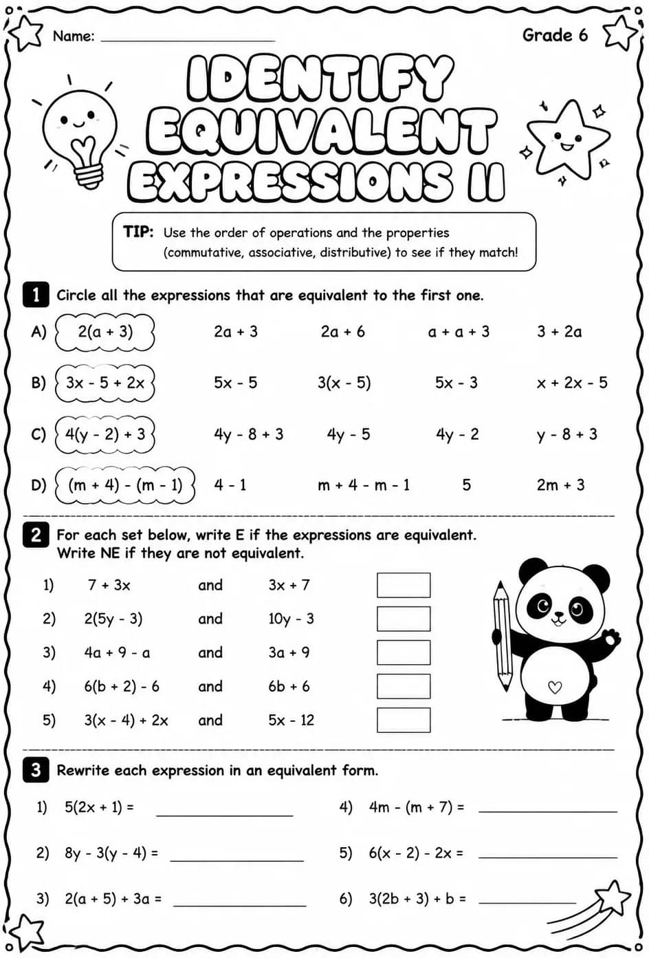 Identify equivalent expressions II — free printable Grade 6 math worksheet