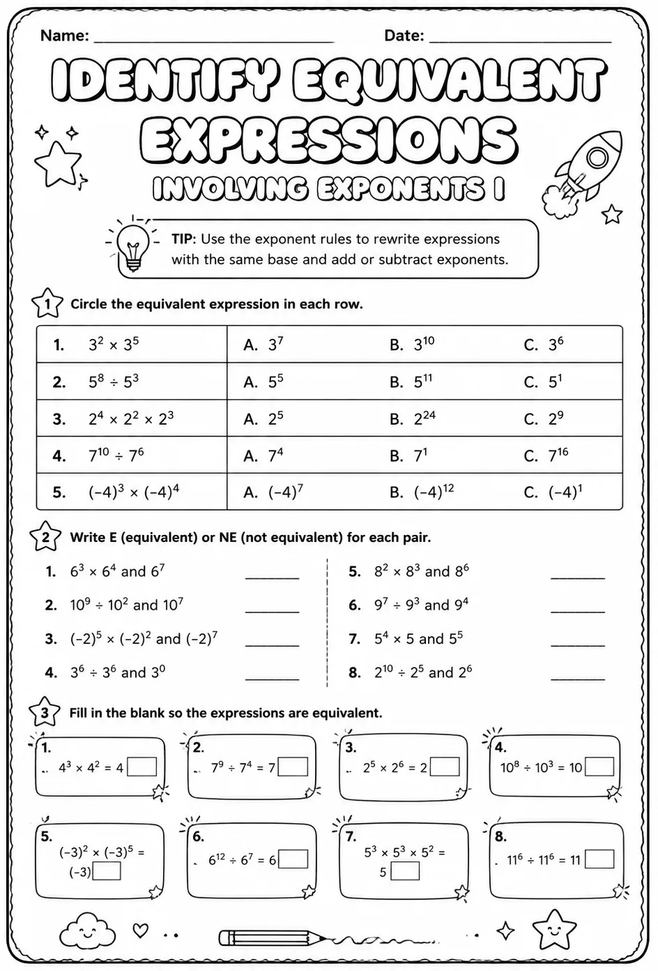Identify equivalent expressions involving exponents I — free printable Grade 8 math worksheet