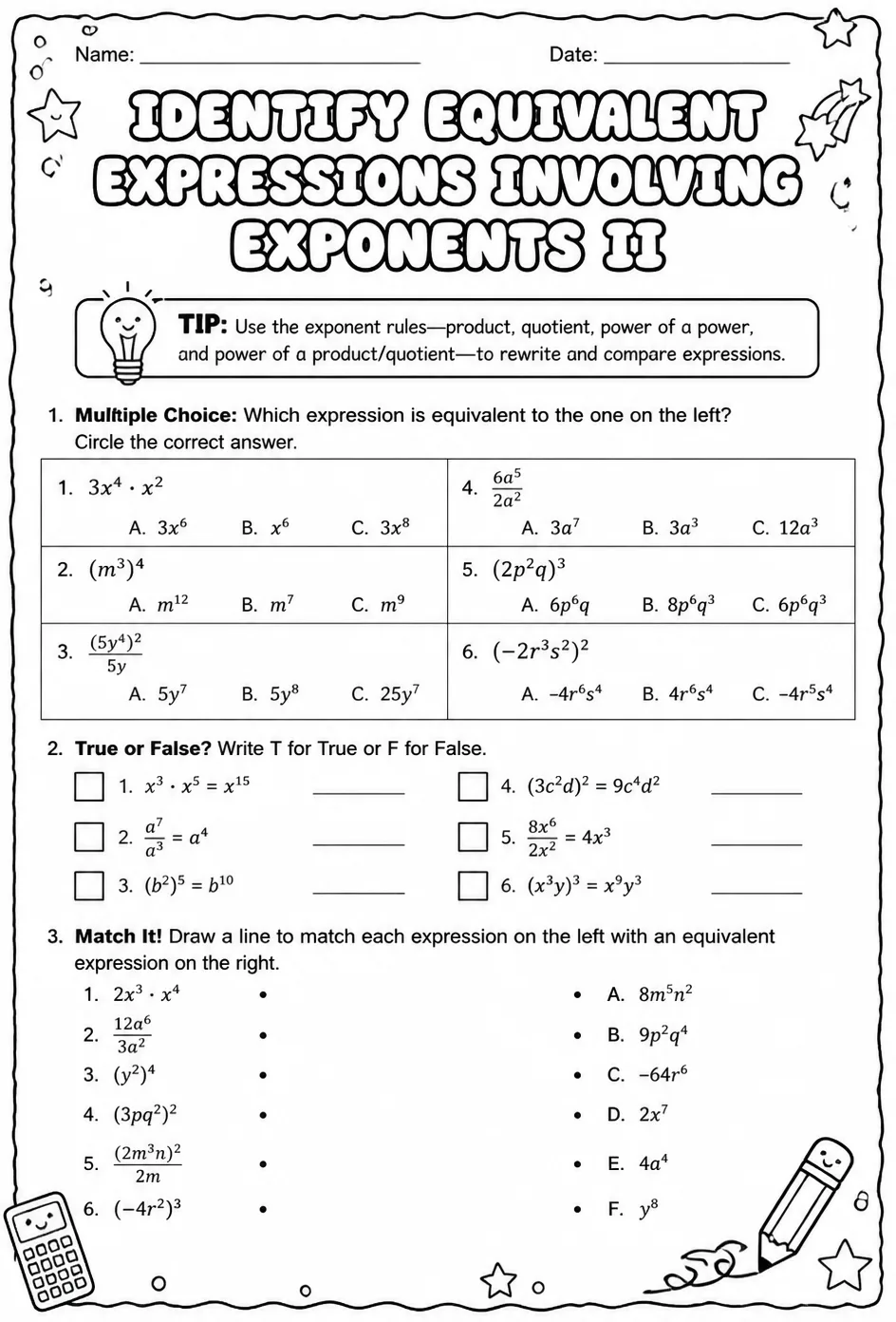 Identify equivalent expressions involving exponents II — free printable Grade 8 math worksheet
