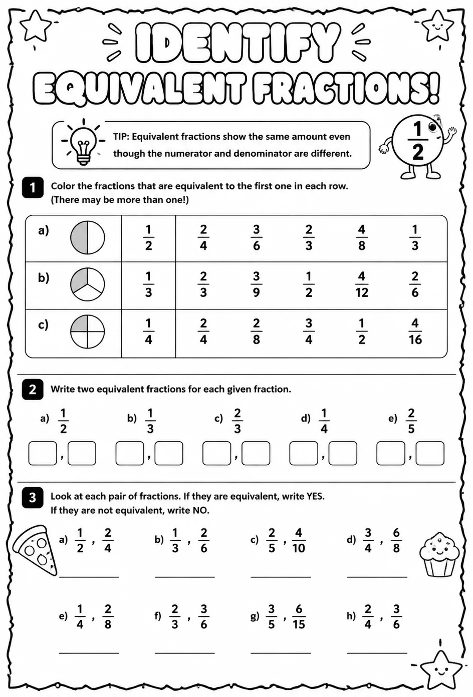 Identify equivalent fractions — free printable Grade 3 math worksheet