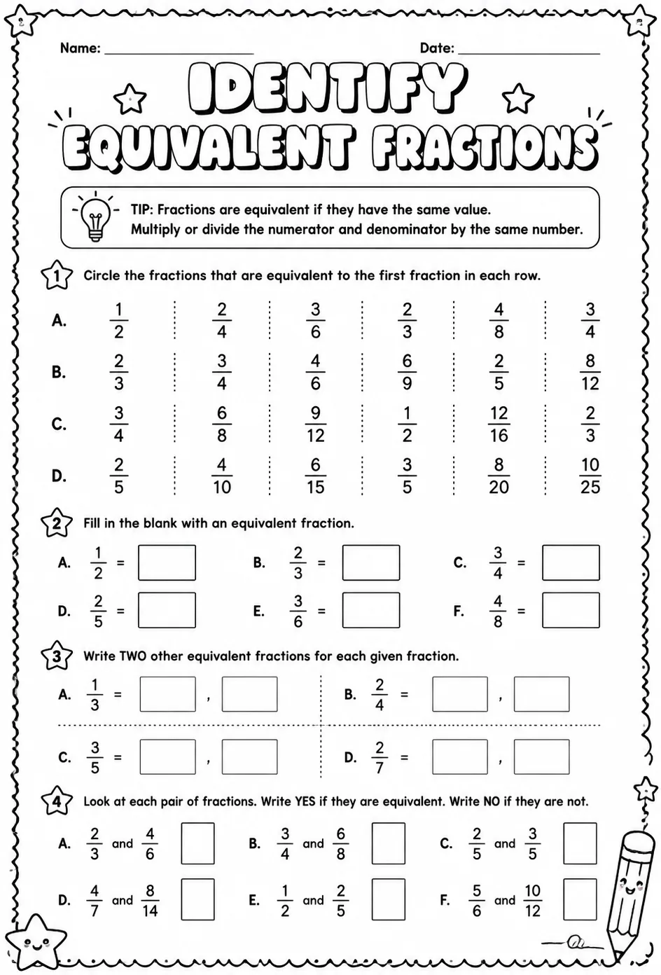 Identify equivalent fractions — free printable Grade 4 math worksheet