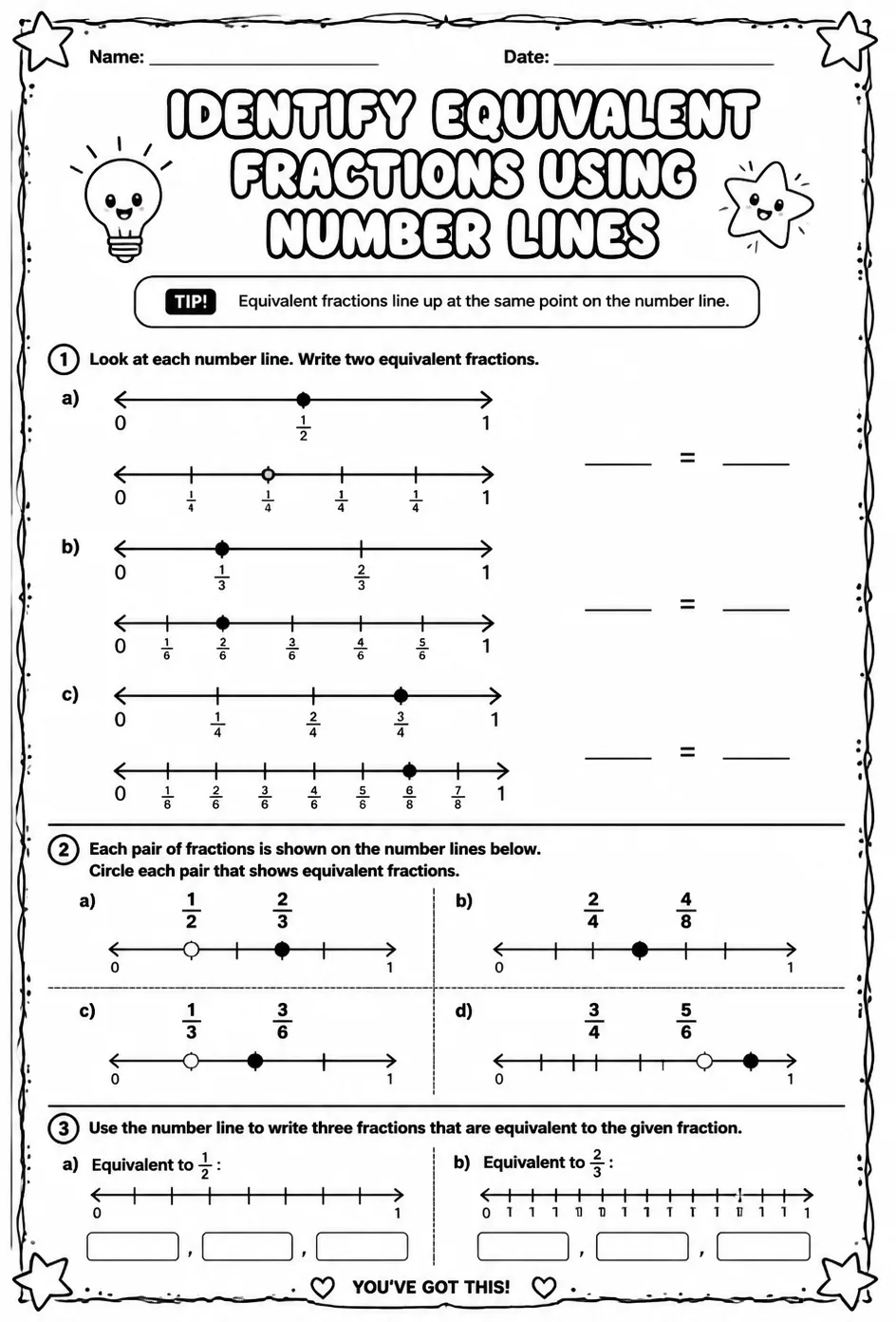 Identify equivalent fractions using number lines — free printable Grade 4 math worksheet