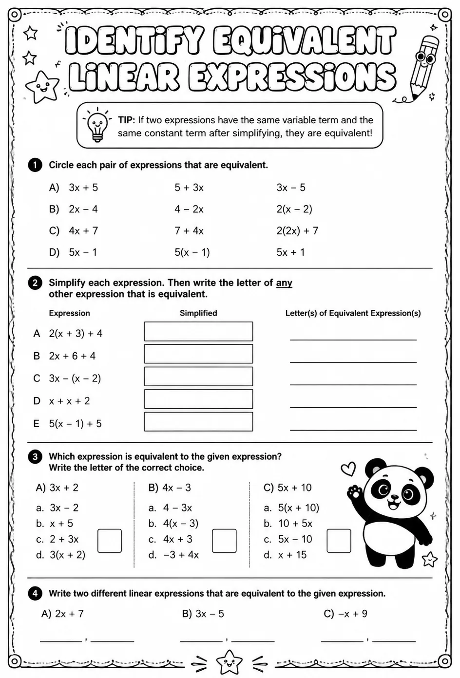 Identify equivalent linear expressions — free printable Algebra 1 math worksheet