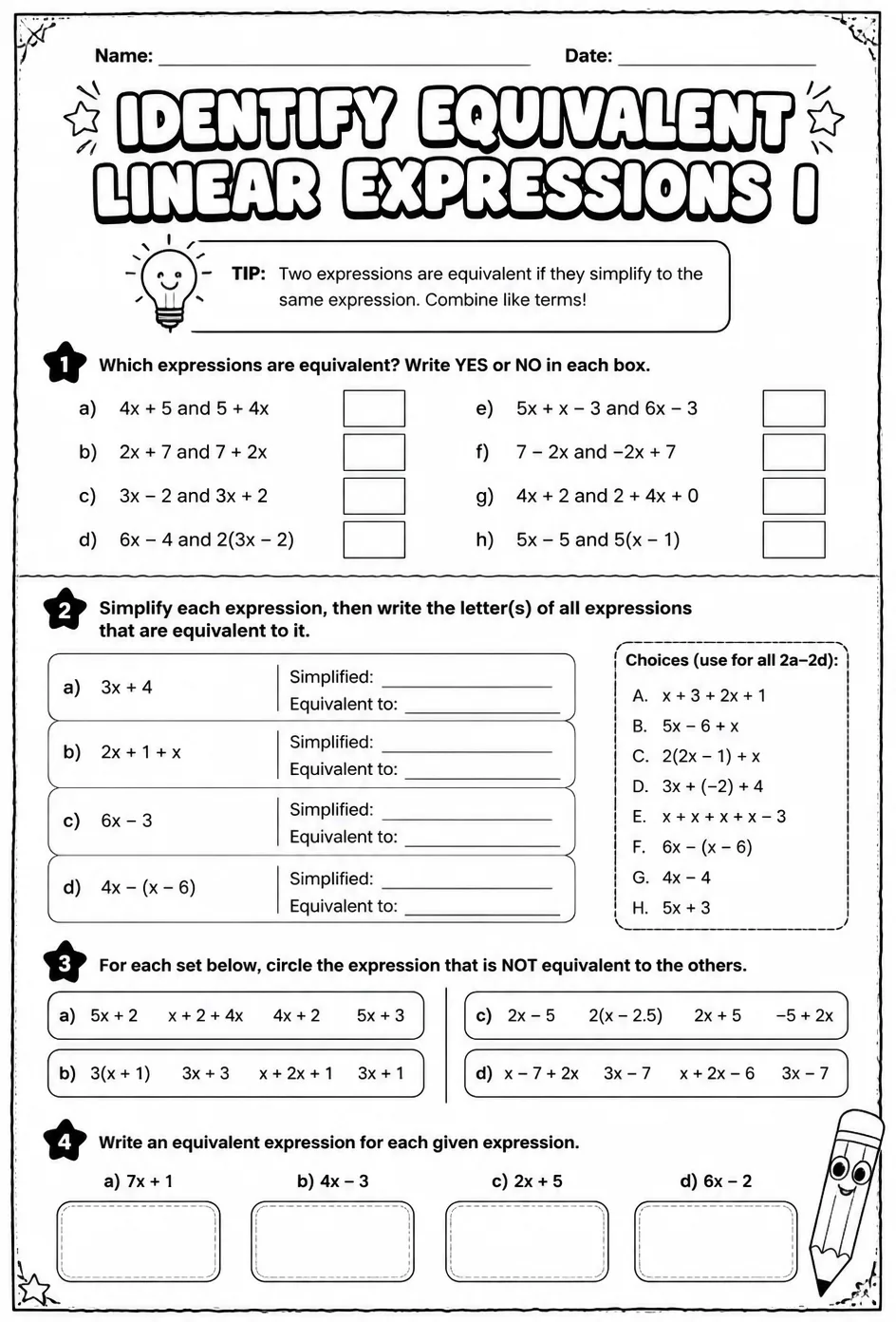 Identify equivalent linear expressions I — free printable Grade 7 math worksheet