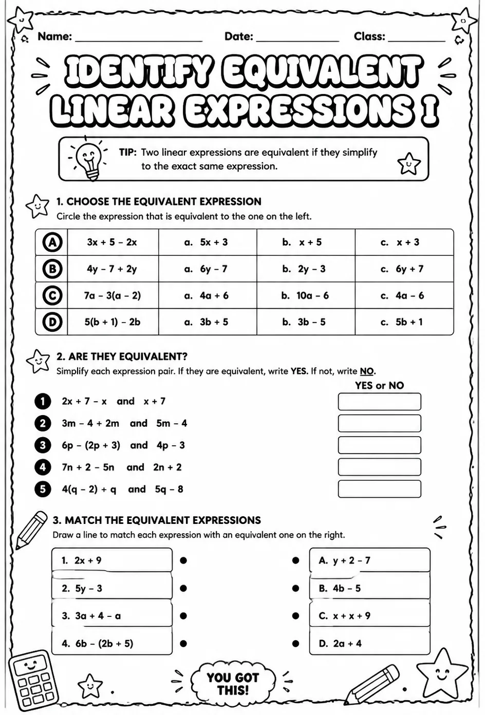 Identify equivalent linear expressions I — free printable Grade 8 math worksheet