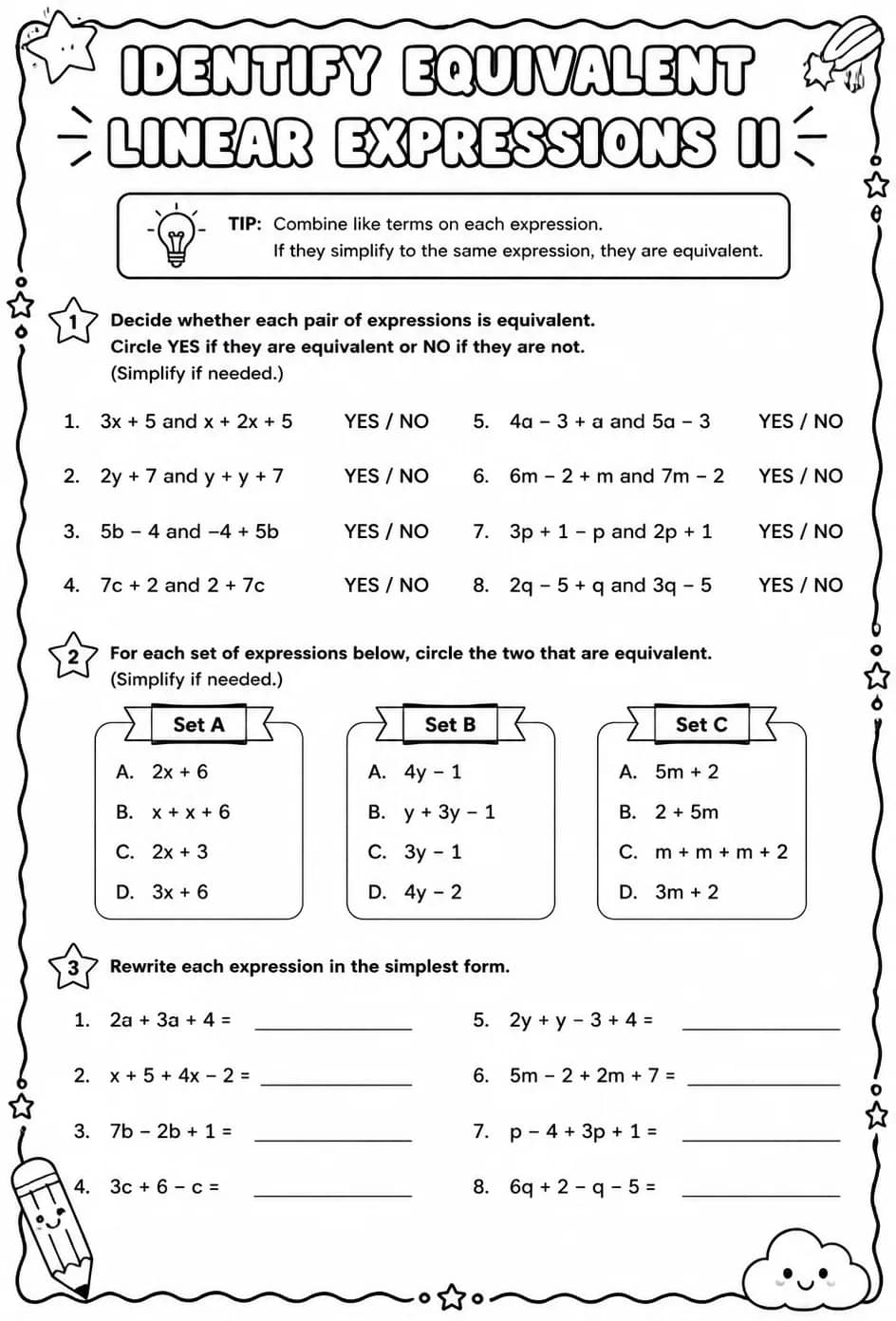 Identify equivalent linear expressions II — free printable Grade 7 math worksheet