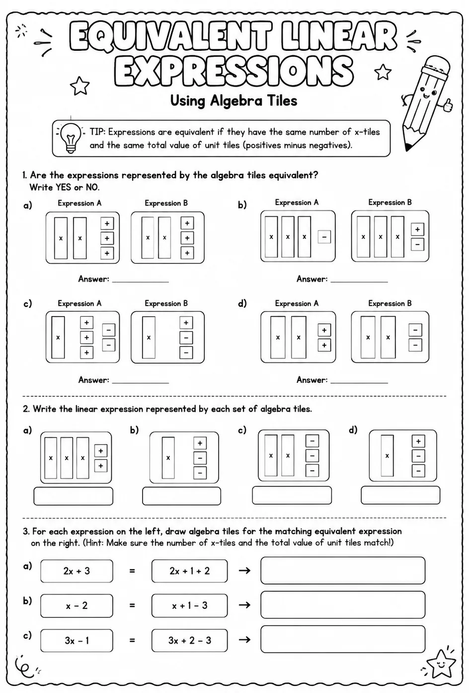 Identify equivalent linear expressions using algebra tiles — free printable Grade 7 math worksheet