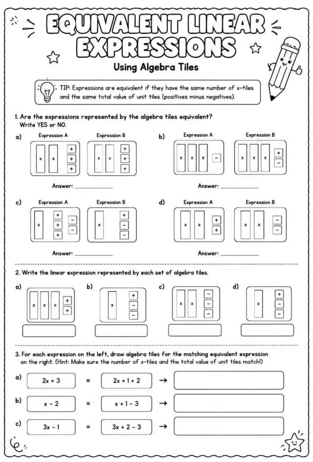 Identify equivalent linear expressions using algebra tiles