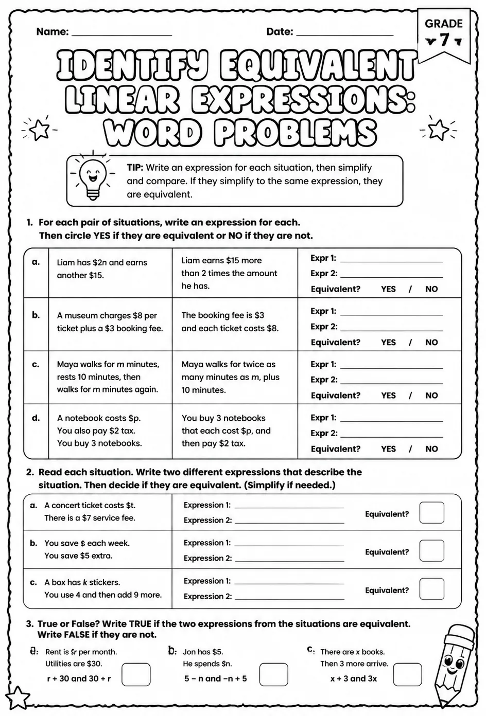 Identify equivalent linear expressions: word problems — free printable Grade 7 math worksheet