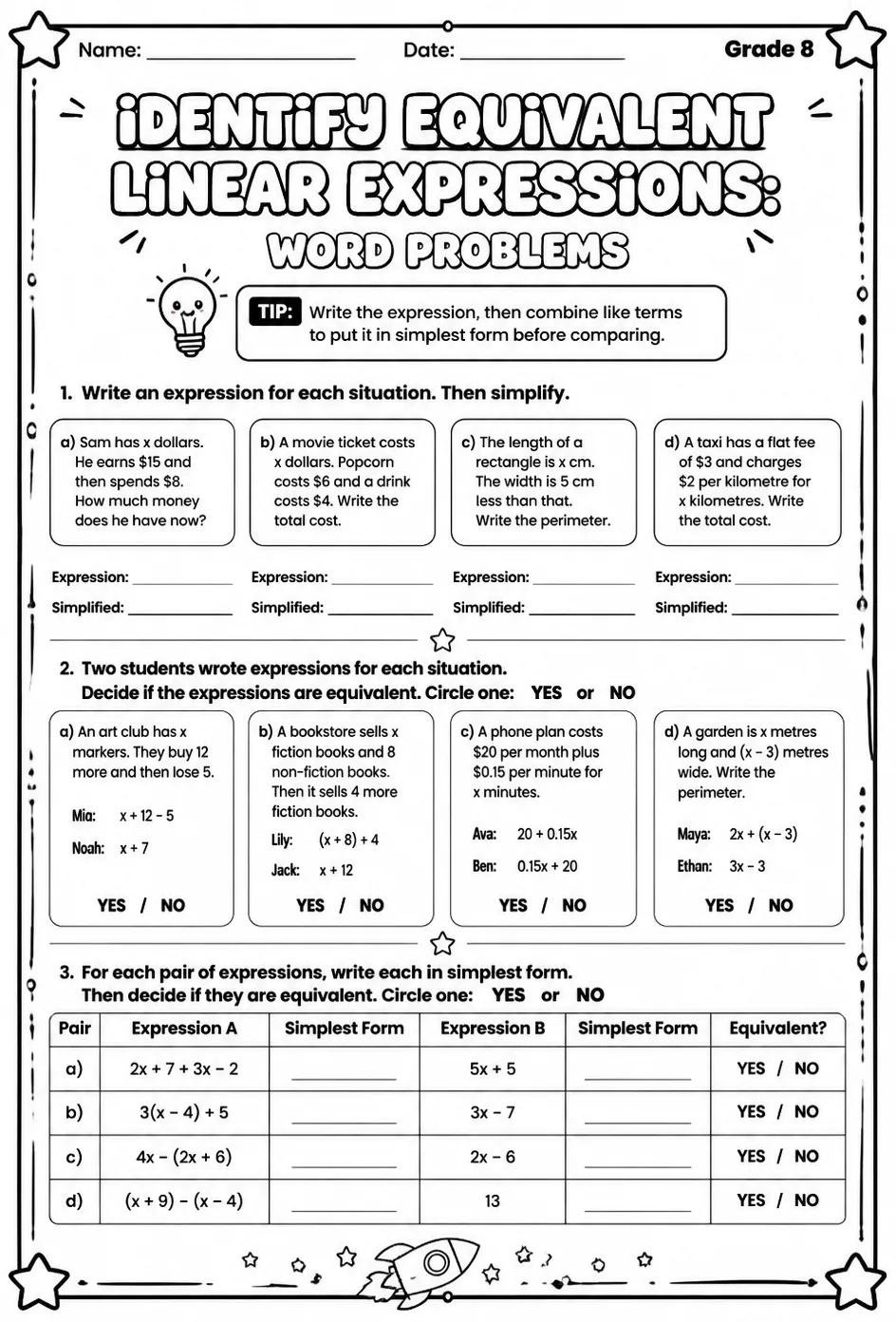 Identify equivalent linear expressions: word problems — free printable Grade 8 math worksheet