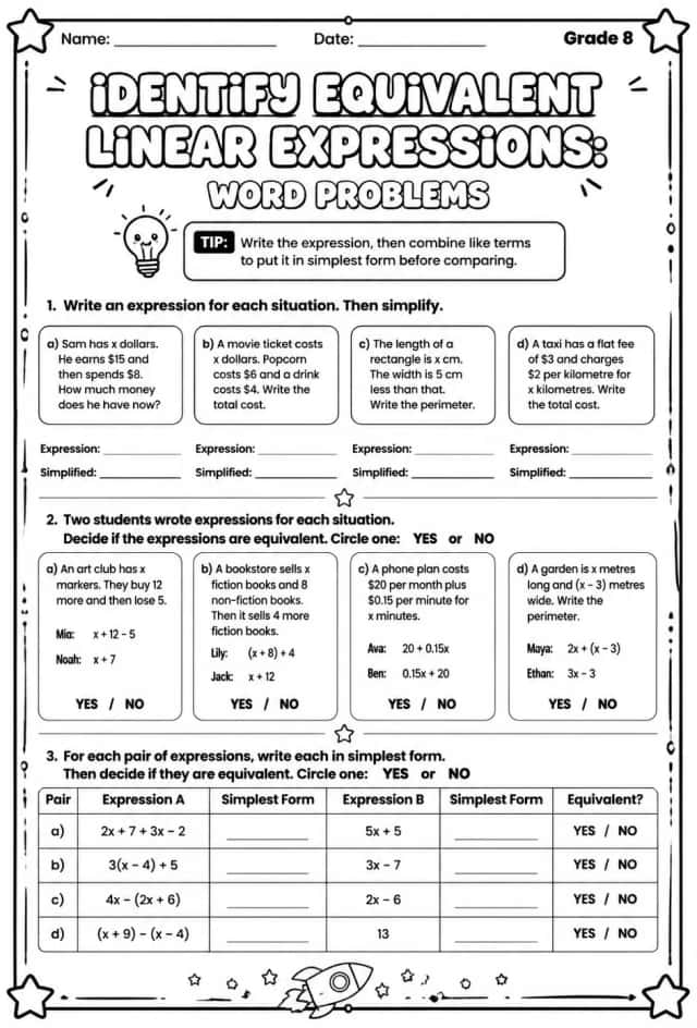 Identify equivalent linear expressions: word problems