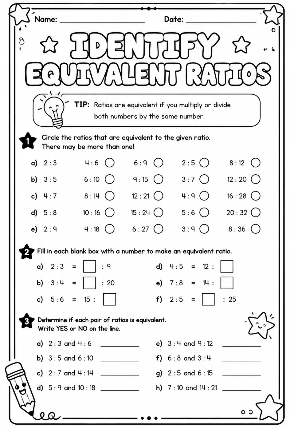 Identify equivalent ratios — free printable Grade 6 math worksheet