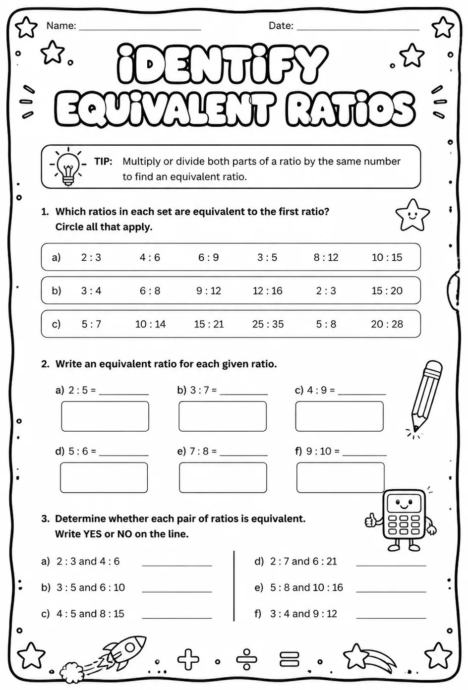 Identify equivalent ratios — free printable Grade 7 math worksheet