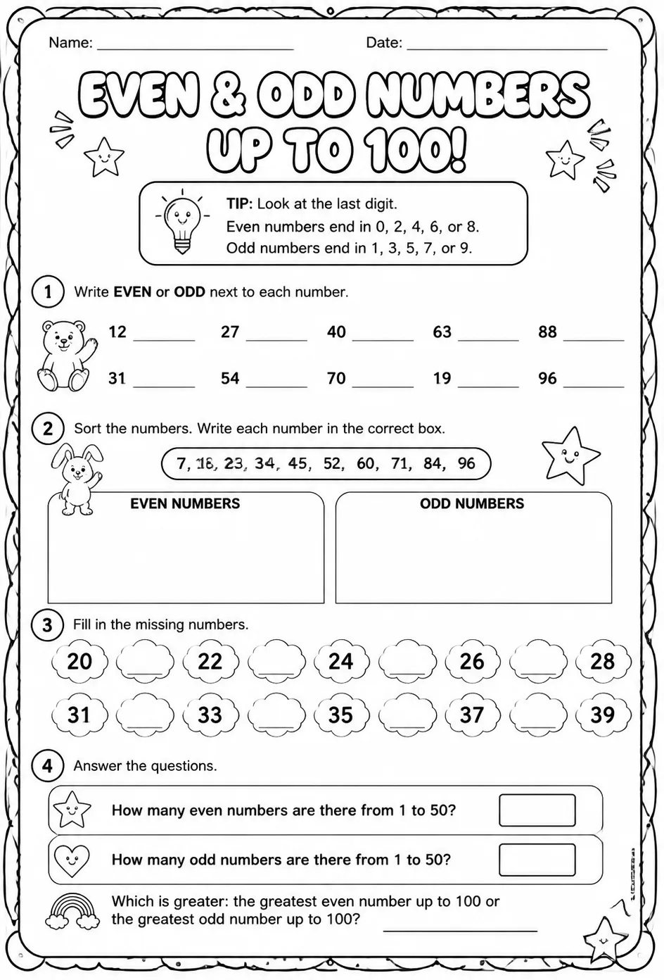 Identify even and odd numbers - up to 100 — free printable Grade 2 math worksheet