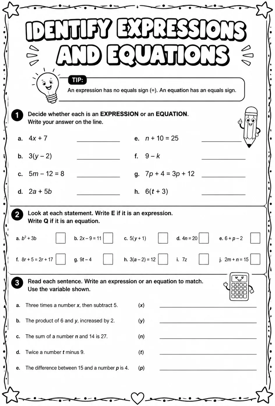 Identify expressions and equations — free printable Grade 6 math worksheet