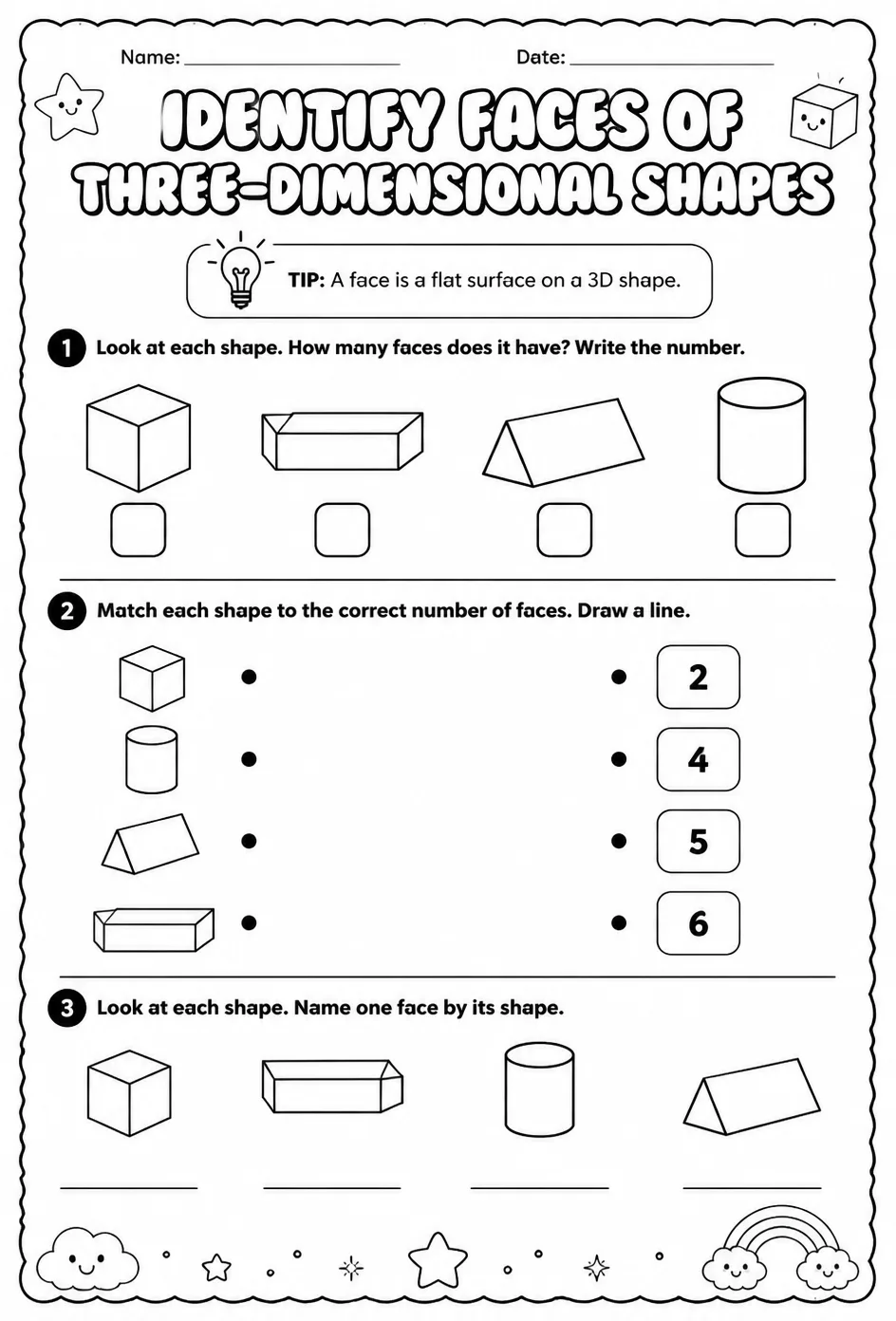 Identify faces of three-dimensional shapes — free printable Grade 1 math worksheet