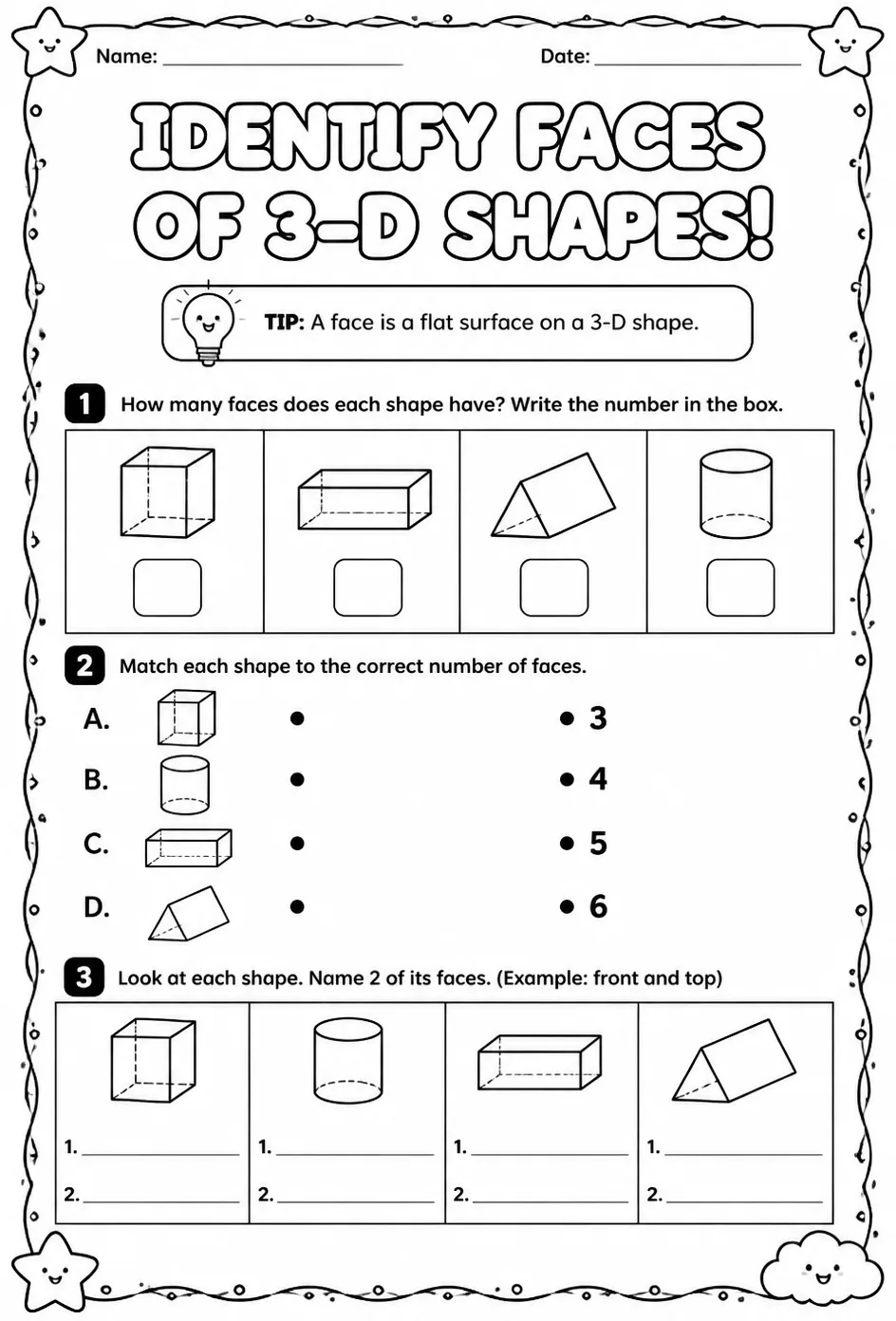 Identify faces of three-dimensional shapes — free printable Grade 2 math worksheet