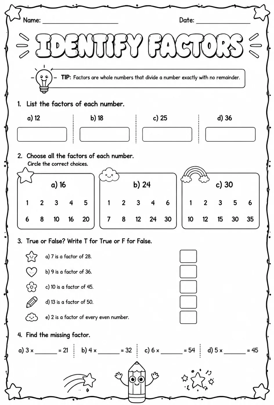 Identify factors — free printable Grade 4 math worksheet