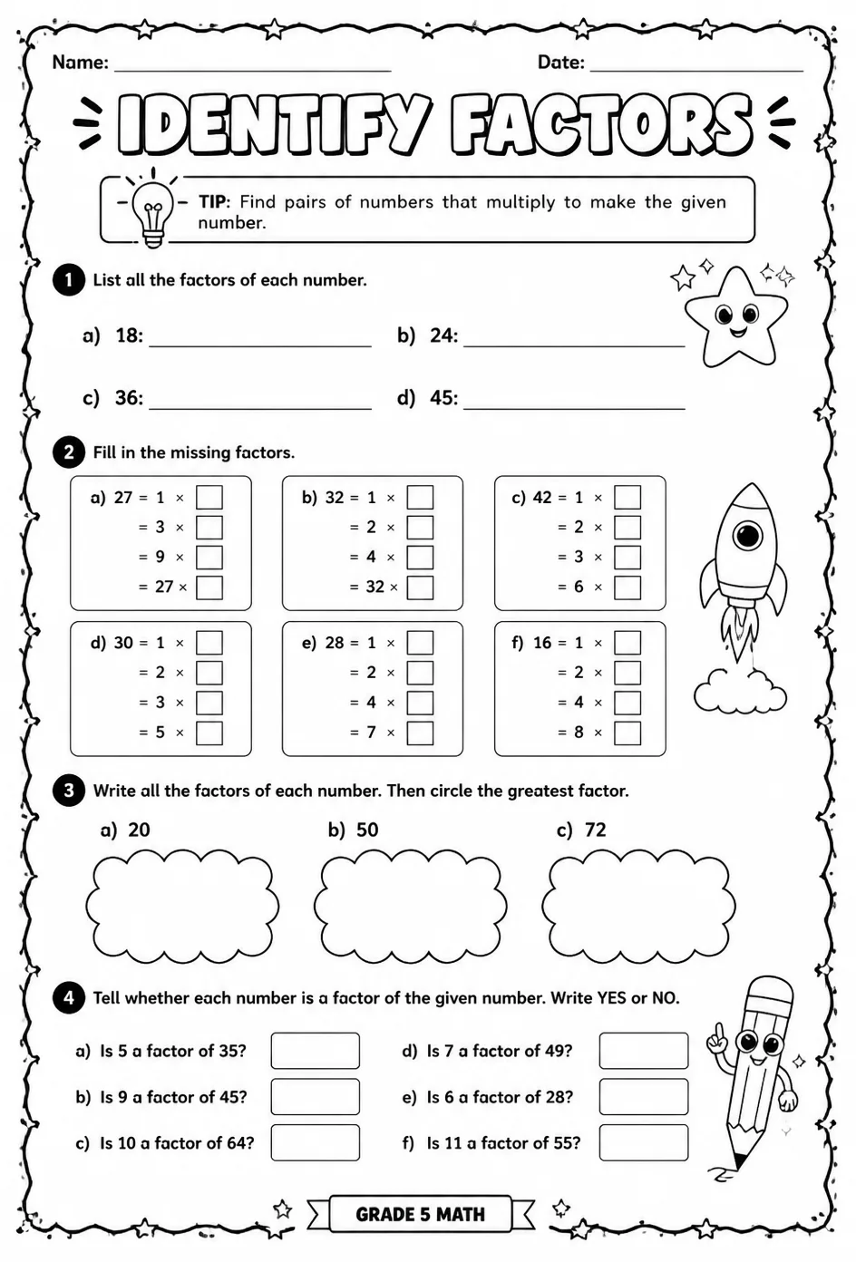 Identify factors — free printable Grade 5 math worksheet