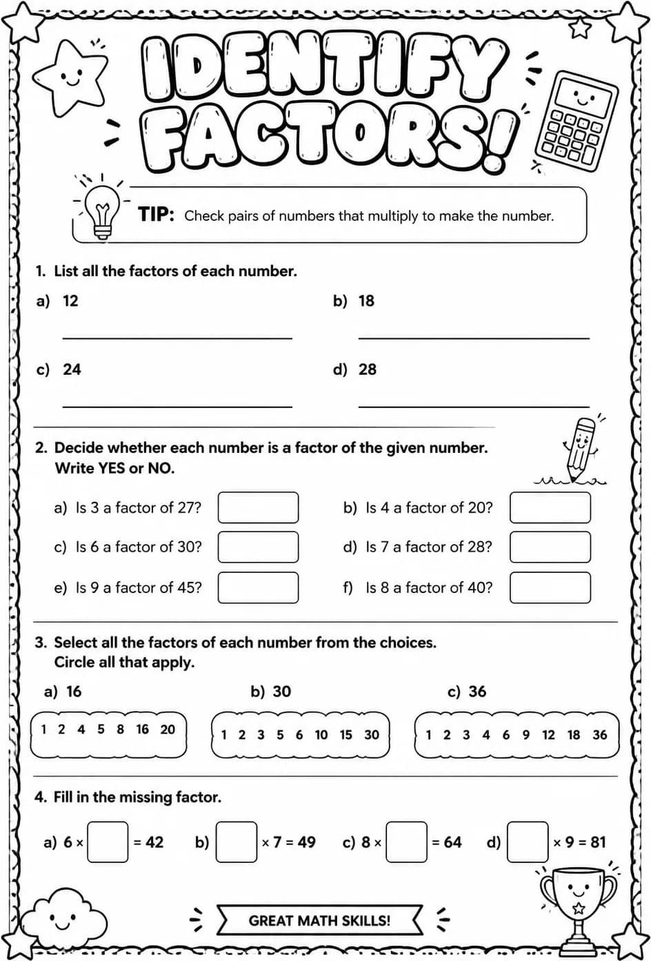 Identify factors — free printable Grade 6 math worksheet