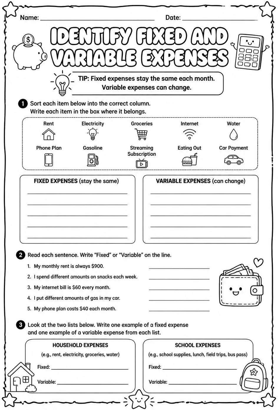 Identify fixed and variable expenses — free printable Grade 4 math worksheet