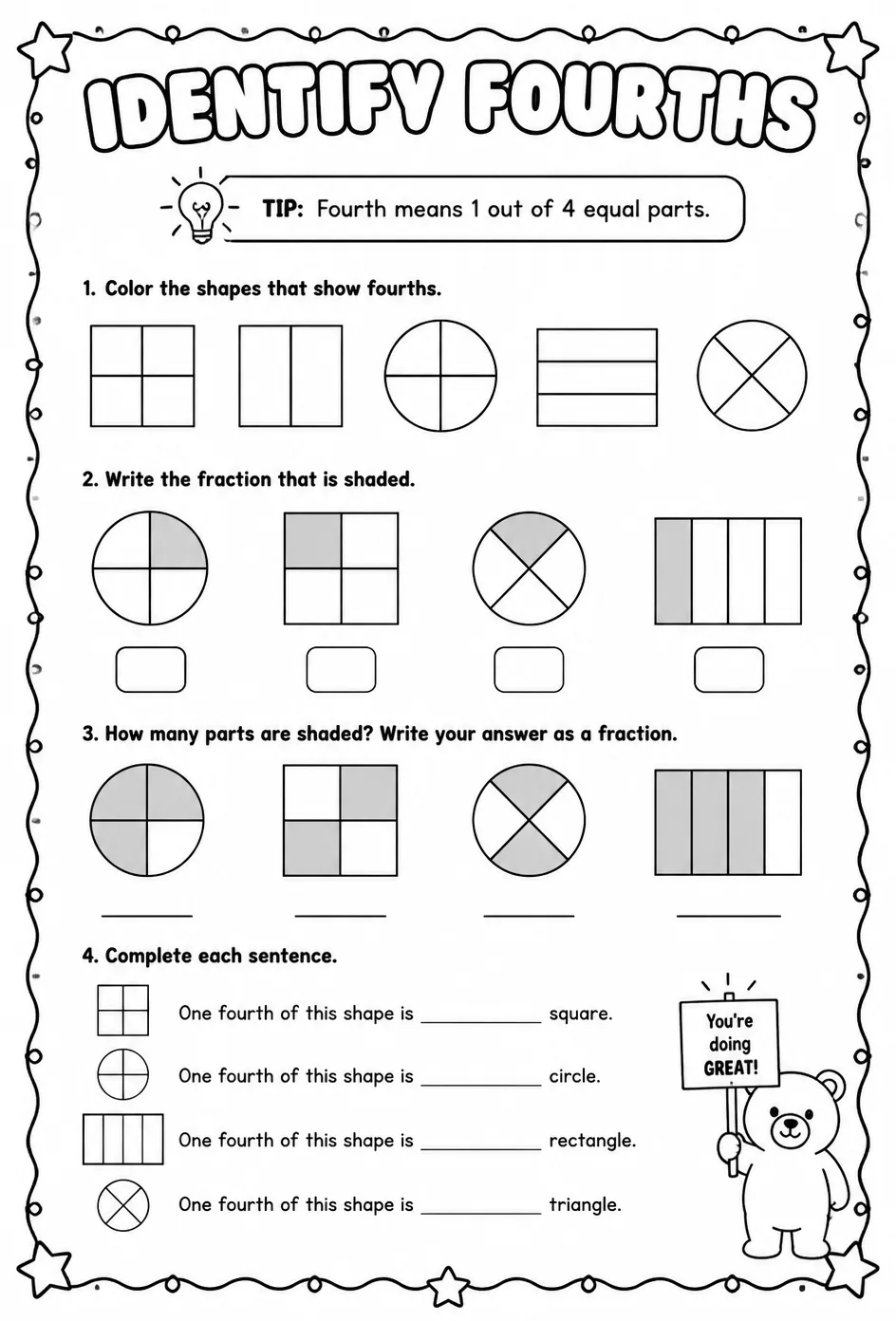 Identify fourths — free printable Grade 1 math worksheet