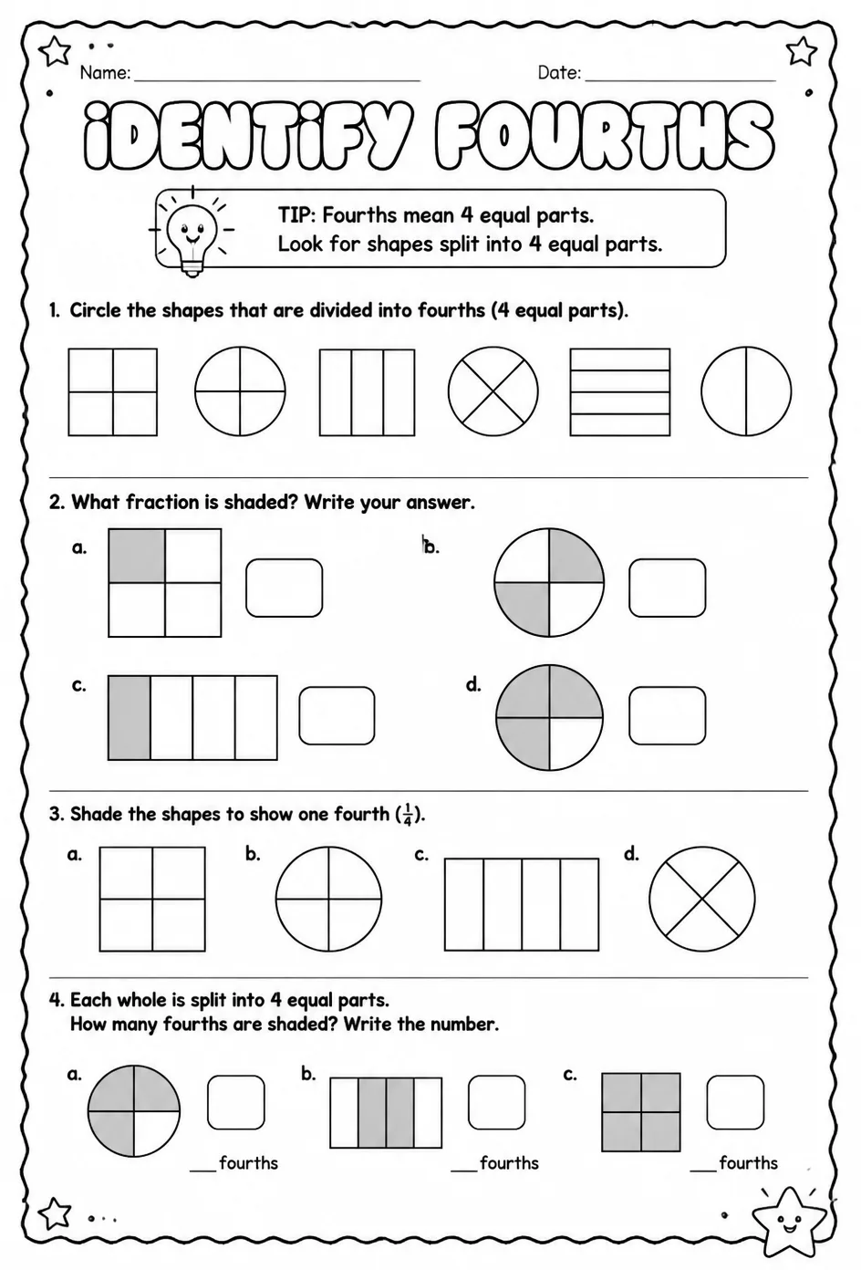 Identify fourths — free printable Grade 2 math worksheet