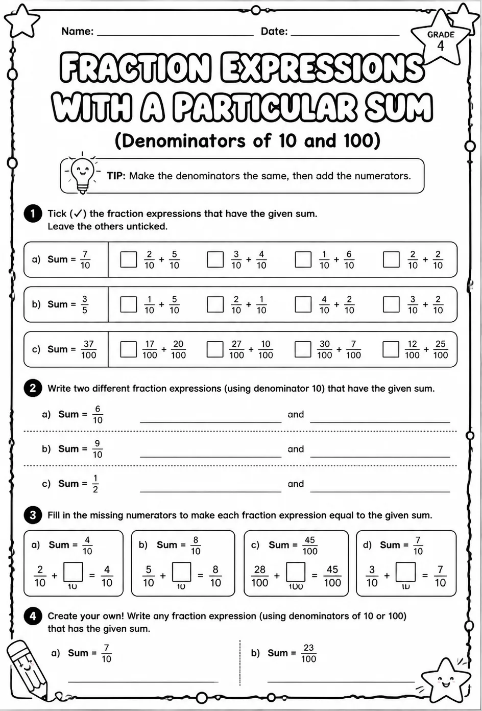 Identify fraction expressions with a particular sum: denominators of 10 and 100 — free printable Grade 4 math worksheet