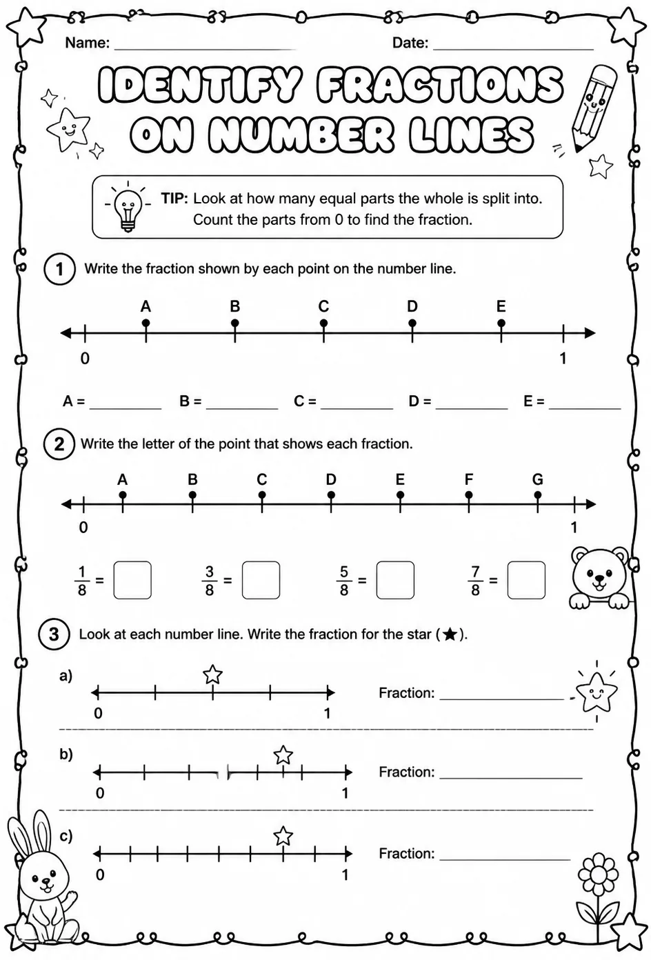 Identify fractions on number lines — free printable Grade 3 math worksheet