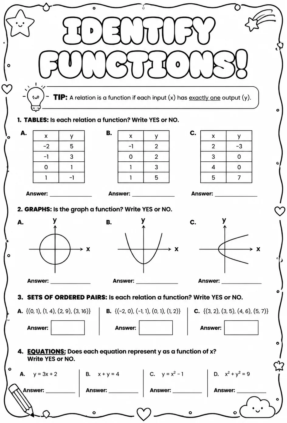 Identify functions — free printable Algebra 1 math worksheet